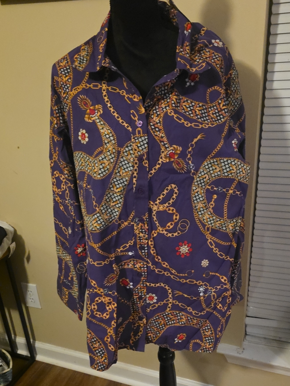 Ashley Stewart Purple Chain & Mosaic Print Button-Down Shirt